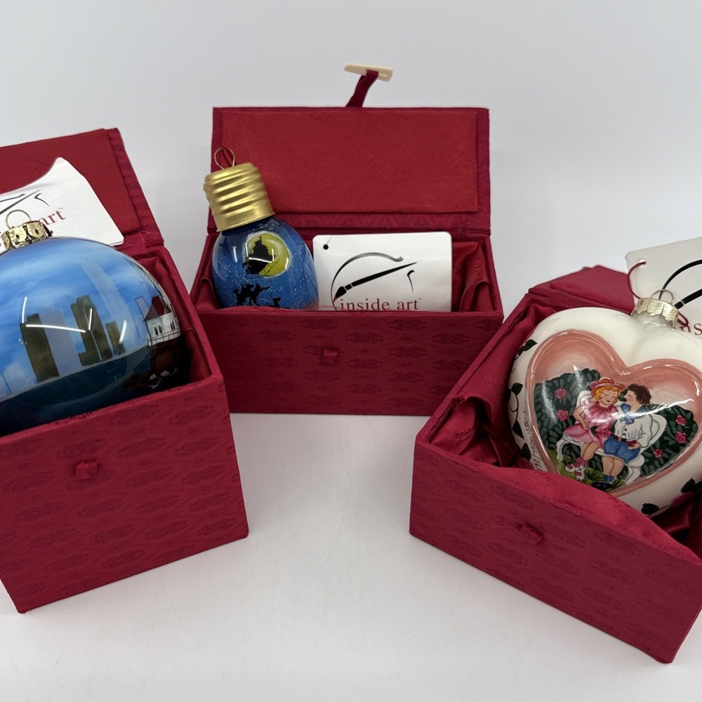 Vtg‎ Y2K Figi Christmas Inside Art Ornament W/ Box Lot Of 3 Bulb Heart Chicago